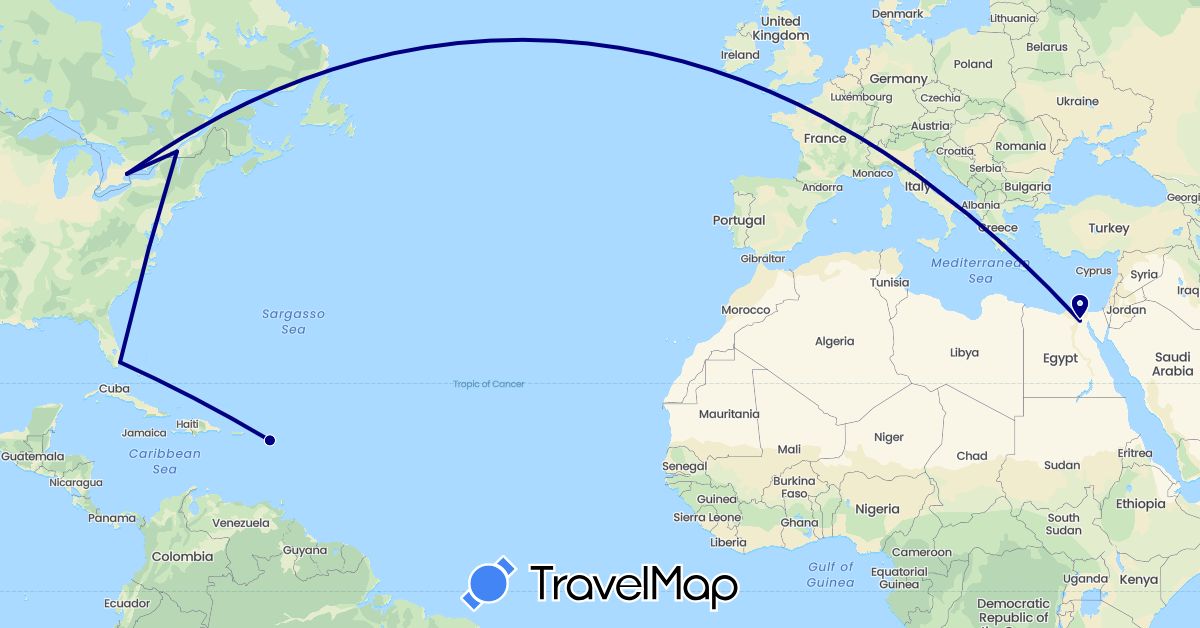 TravelMap itinerary: driving in Canada, Egypt, Saint Kitts and Nevis, United States (Africa, North America)